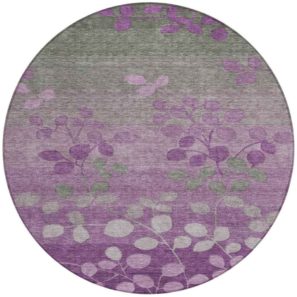 8' Purple And Gray Round Floral Washable Indoor Outdoor Area Rug