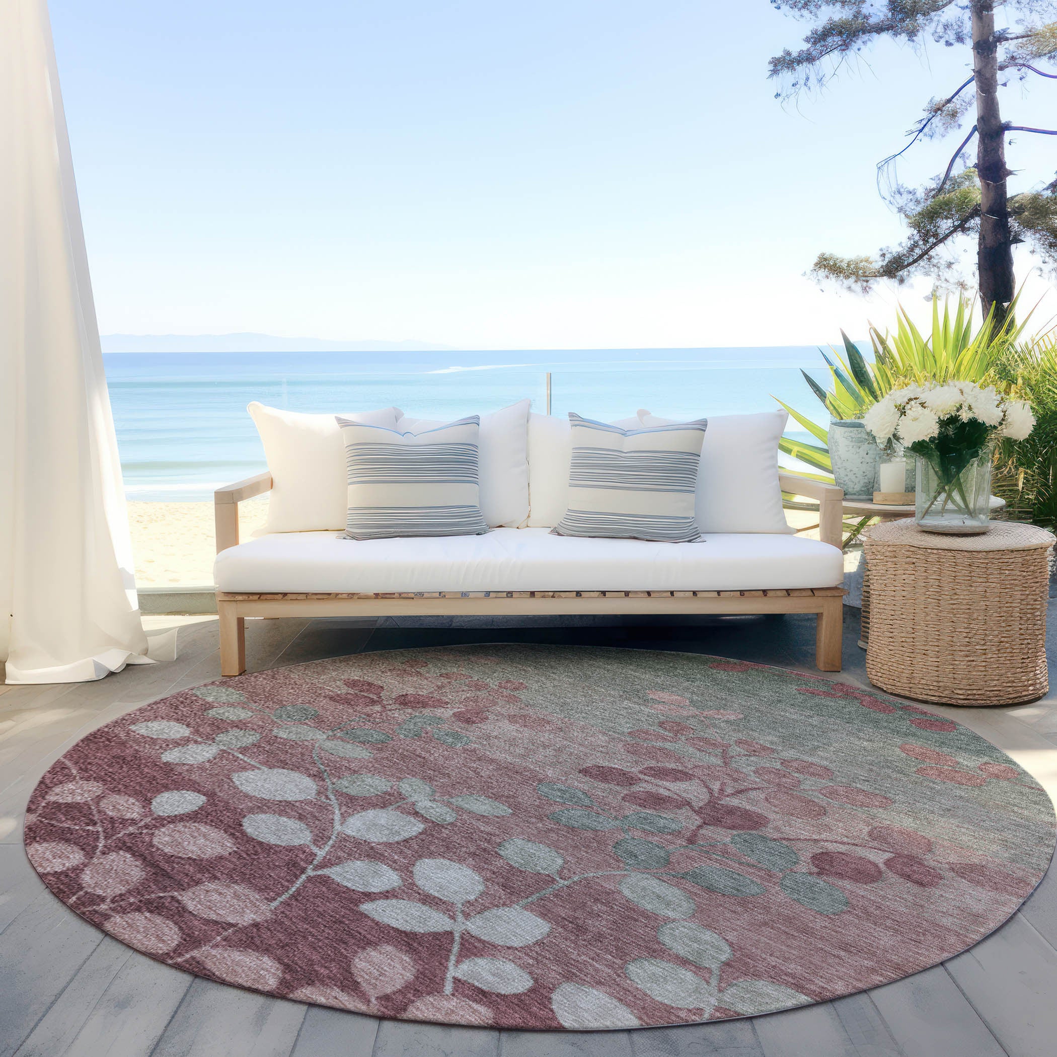 8' Blush And Emerald Round Floral Washable Indoor Outdoor Area Rug