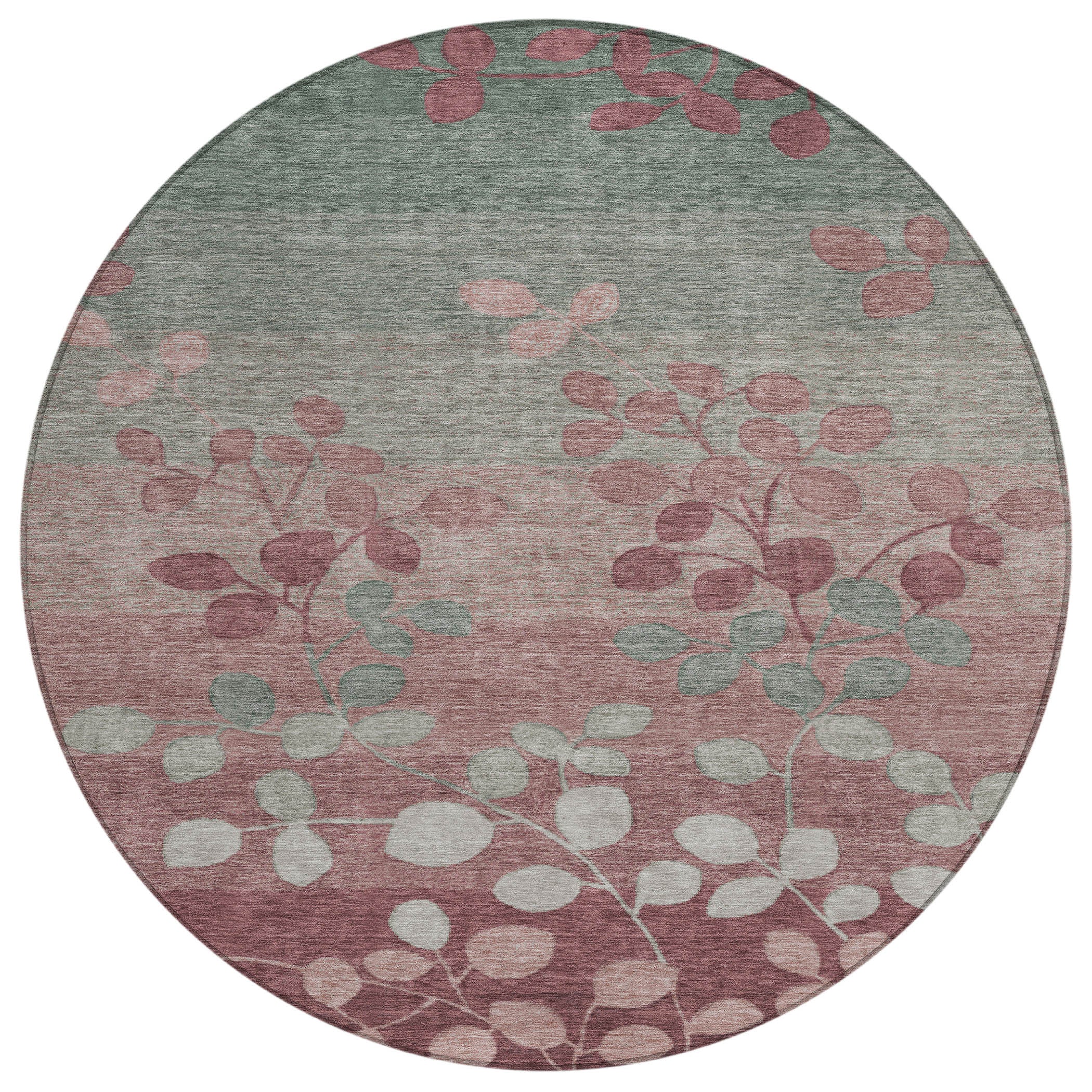 8' Blush And Emerald Round Floral Washable Indoor Outdoor Area Rug