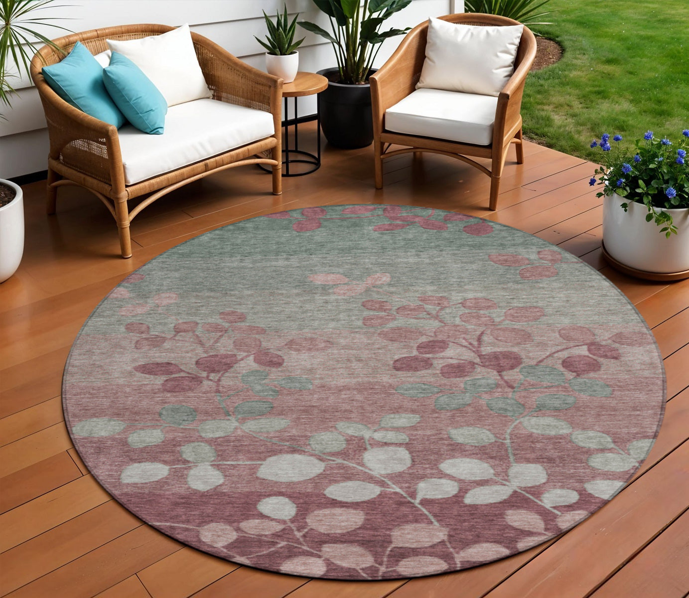 8' Blush And Emerald Round Floral Washable Indoor Outdoor Area Rug