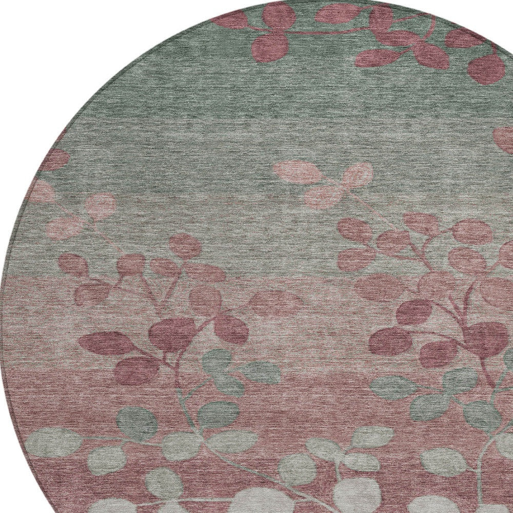 8' Blush And Emerald Round Floral Washable Indoor Outdoor Area Rug
