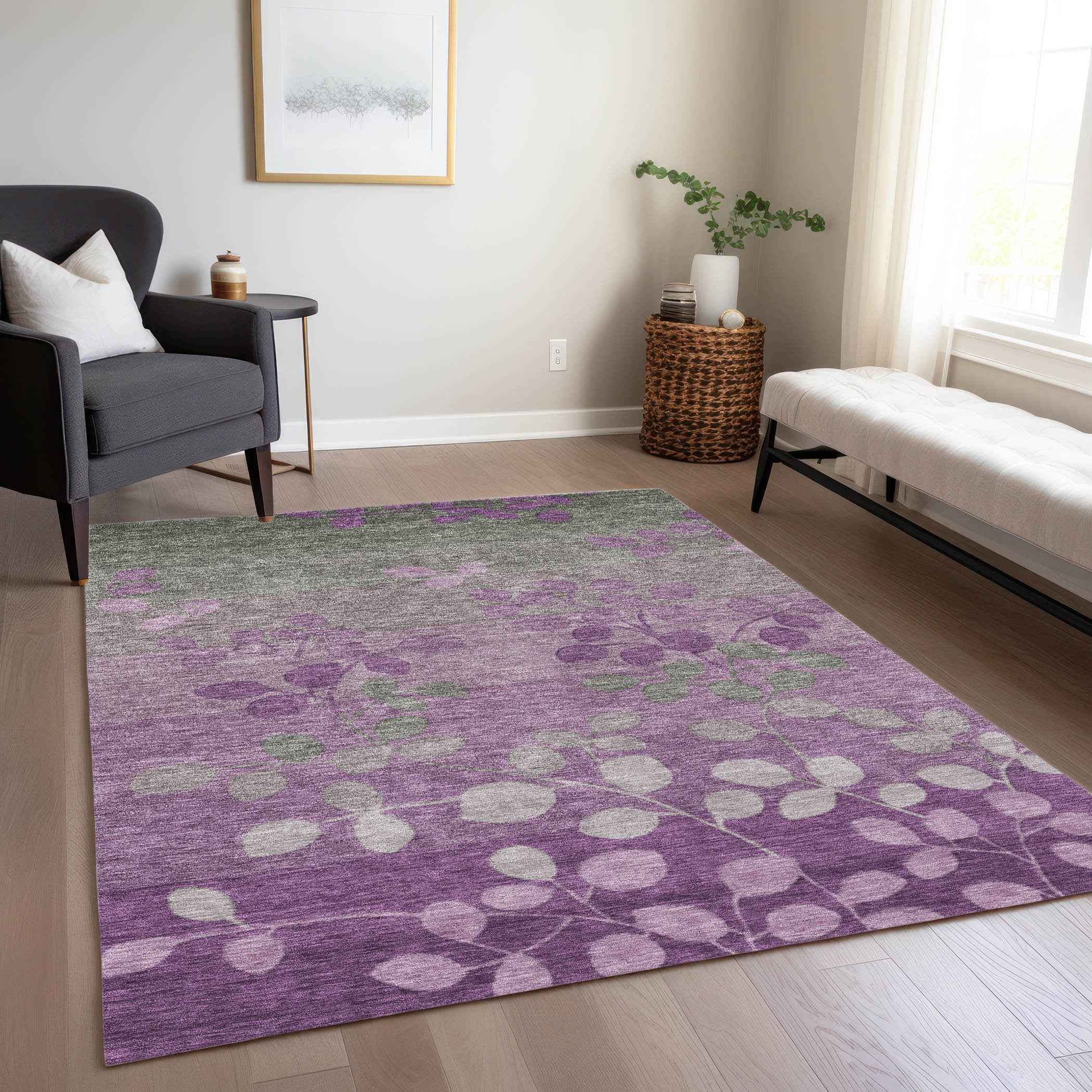 8' X 10' Purple And Gray Floral Washable Indoor Outdoor Area Rug