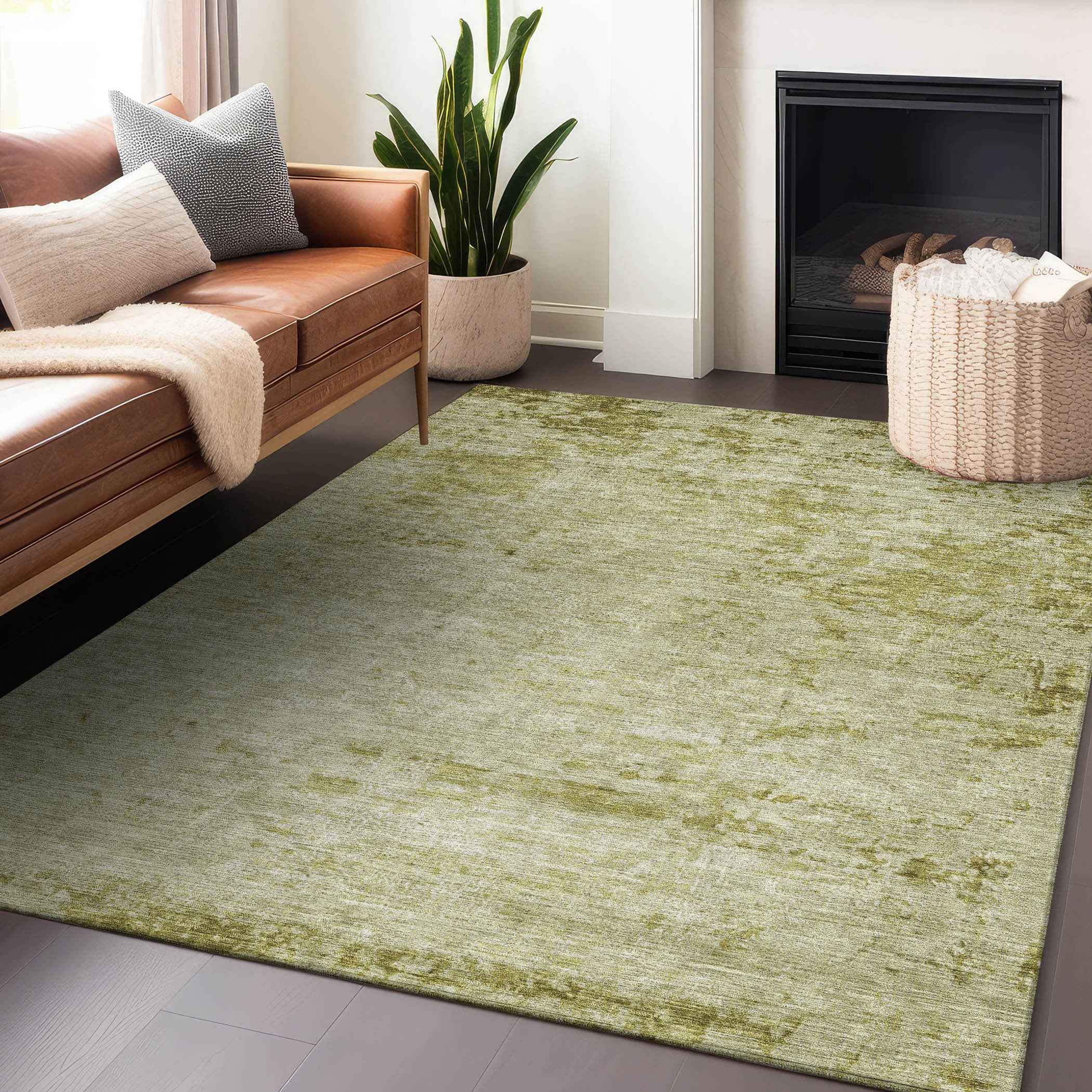 3' X 5' Artichoke Green And Ivory Abstract Washable Indoor Outdoor Area Rug