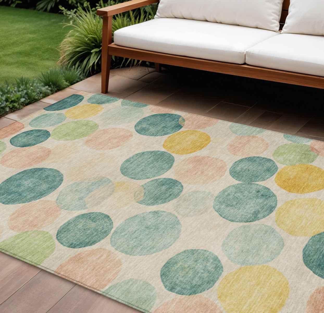 8' X 10' Teal Blue Yellow And Peach Geometric Washable Indoor Outdoor Area Rug