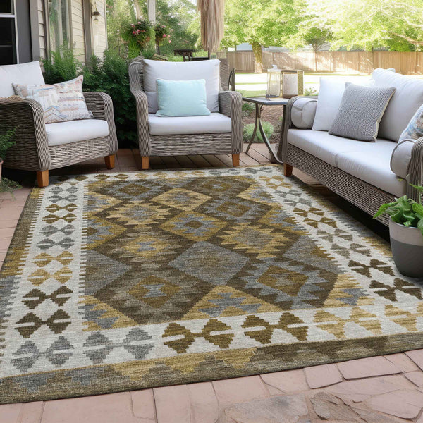 9' X 12' Brown Ivory And Gold Tribal Washable Indoor Outdoor Area Rug
