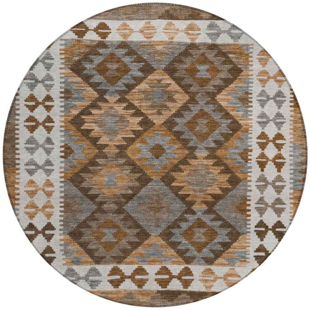 8' Copper Ivory And Gray Round Tribal Washable Indoor Outdoor Area Rug