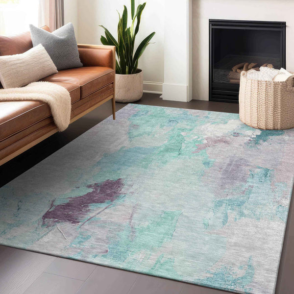 8' X 10' Teal Blue And Lavender Abstract Washable Indoor Outdoor Area Rug