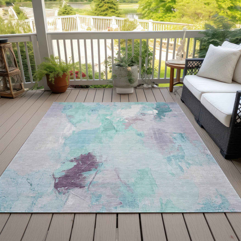 8' X 10' Teal Blue And Lavender Abstract Washable Indoor Outdoor Area Rug