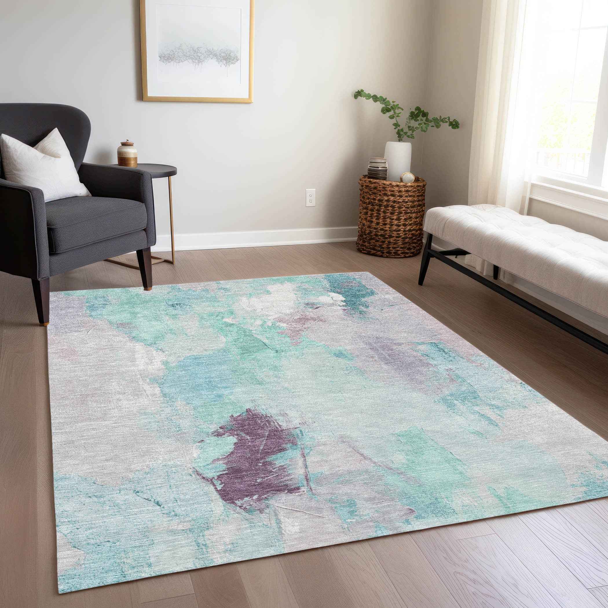 8' X 10' Teal Blue And Lavender Abstract Washable Indoor Outdoor Area Rug