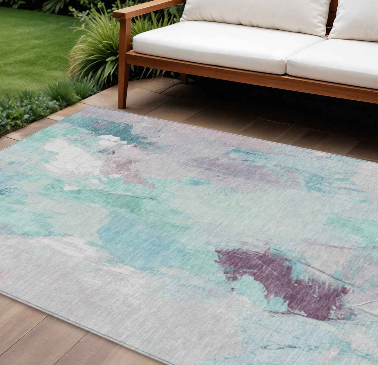 8' X 10' Teal Blue And Lavender Abstract Washable Indoor Outdoor Area Rug