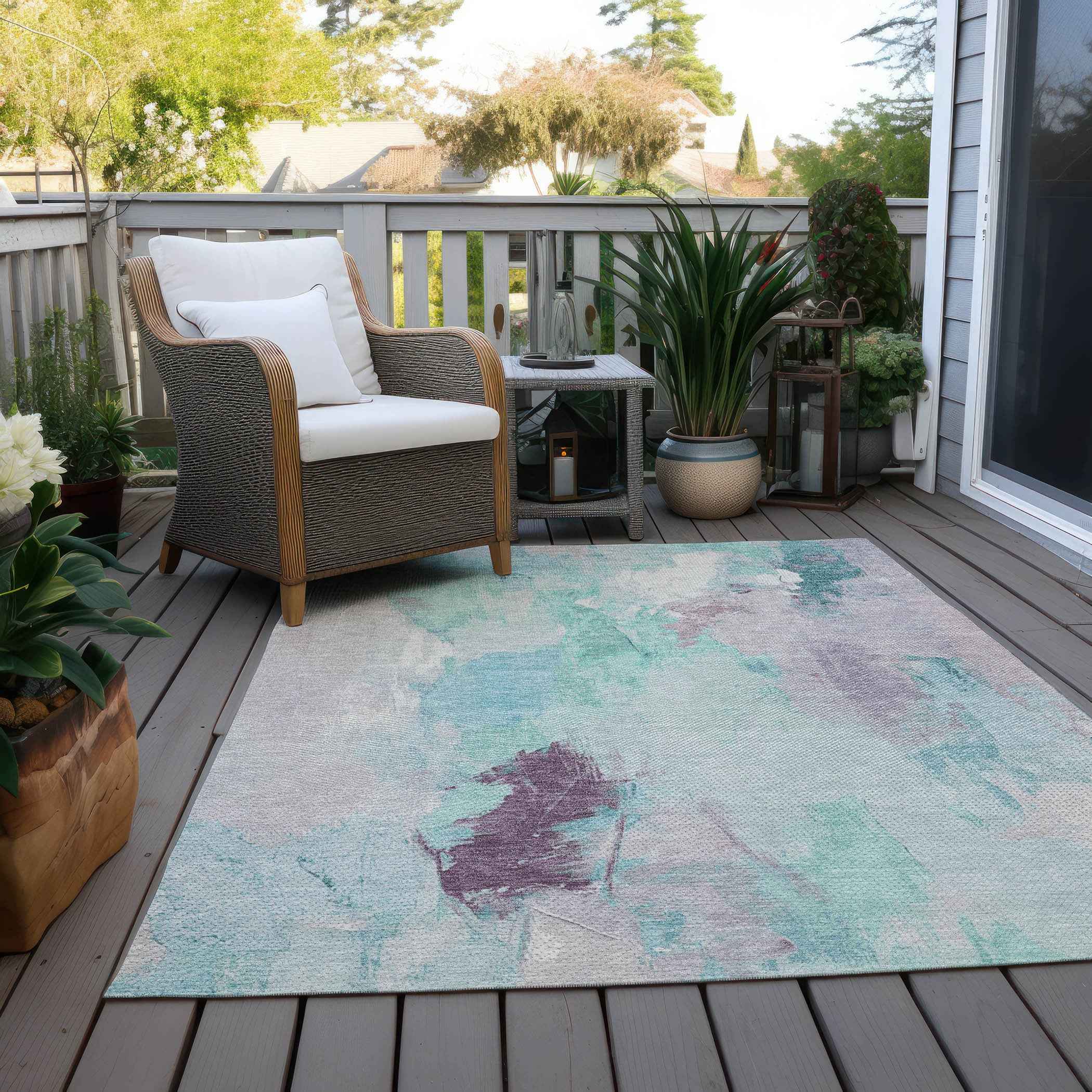 8' X 10' Teal Blue And Lavender Abstract Washable Indoor Outdoor Area Rug