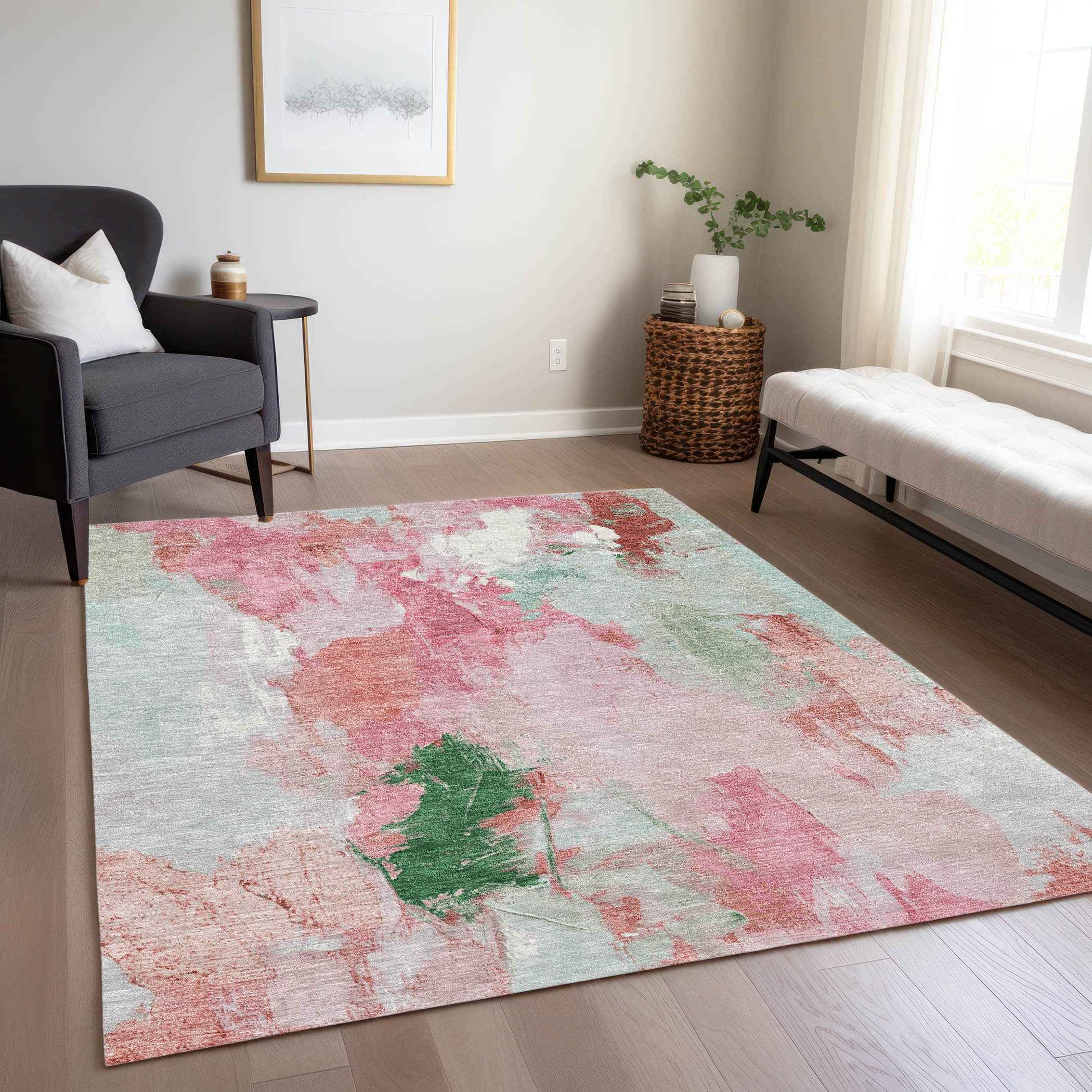 8' X 10' Blush And Green Abstract Washable Indoor Outdoor Area Rug