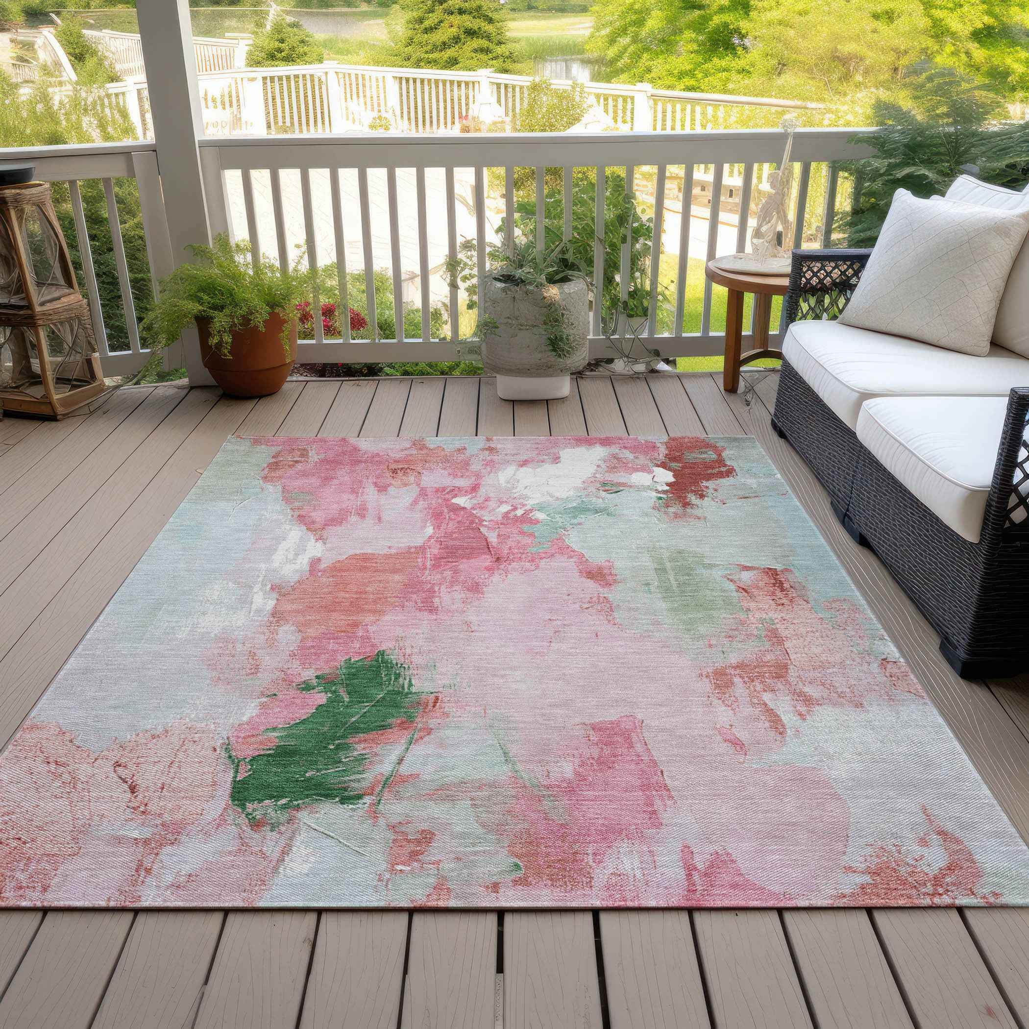 8' X 10' Blush And Green Abstract Washable Indoor Outdoor Area Rug
