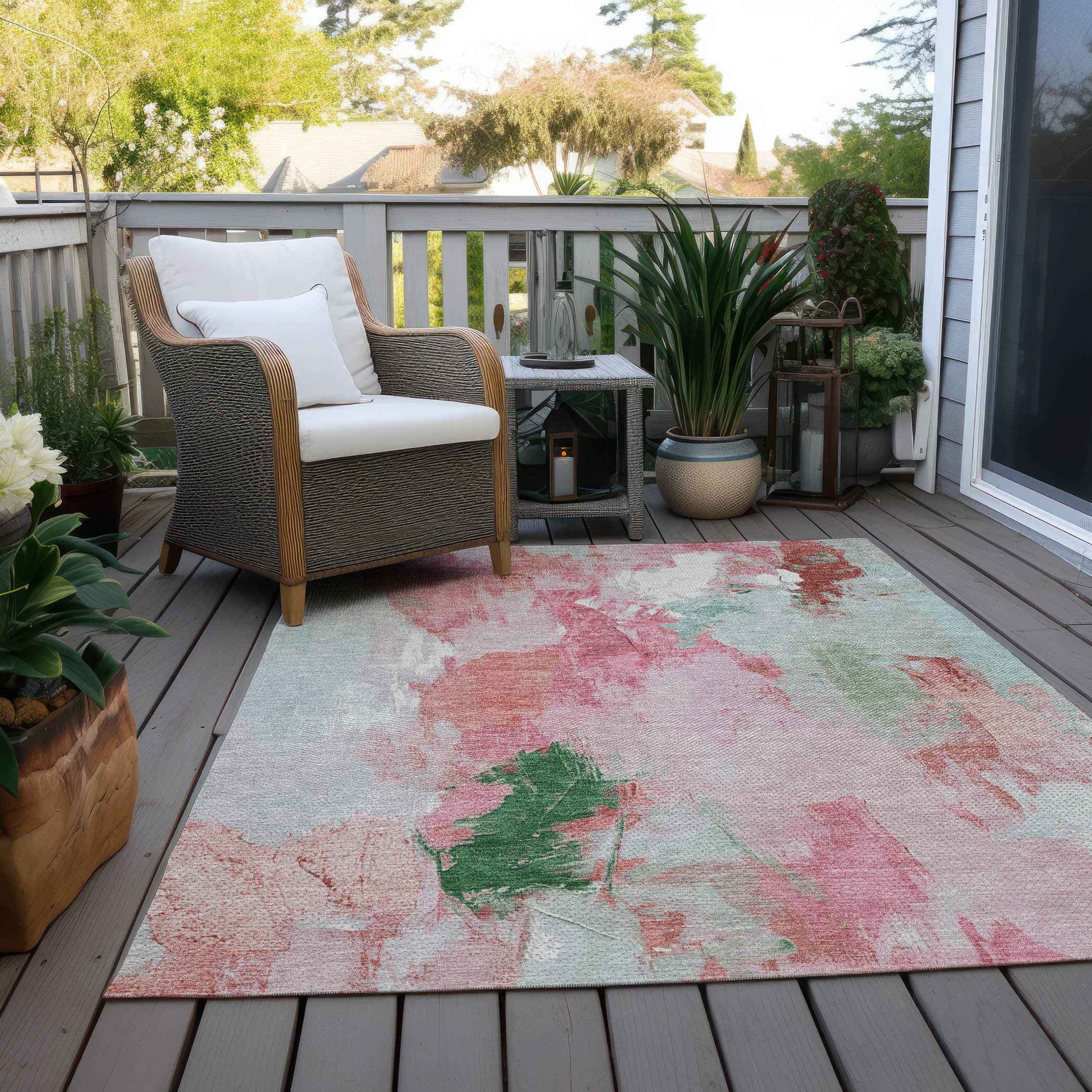 8' X 10' Blush And Green Abstract Washable Indoor Outdoor Area Rug
