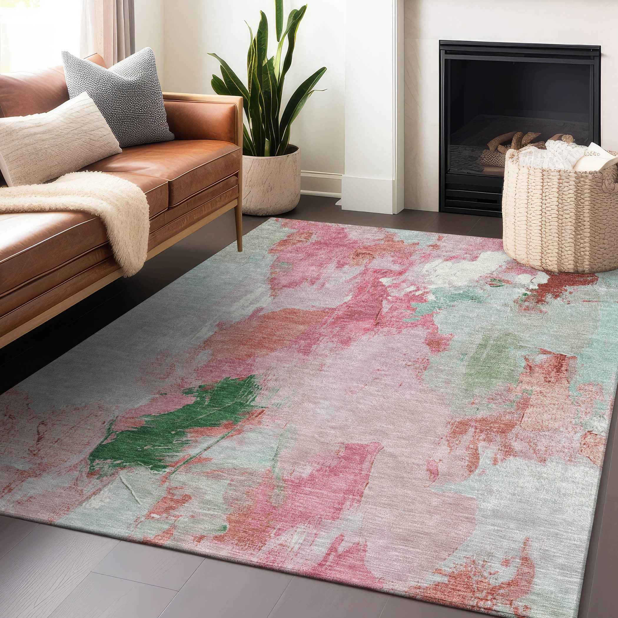8' X 10' Blush And Green Abstract Washable Indoor Outdoor Area Rug