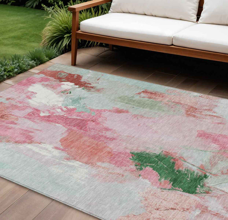 8' X 10' Blush And Green Abstract Washable Indoor Outdoor Area Rug