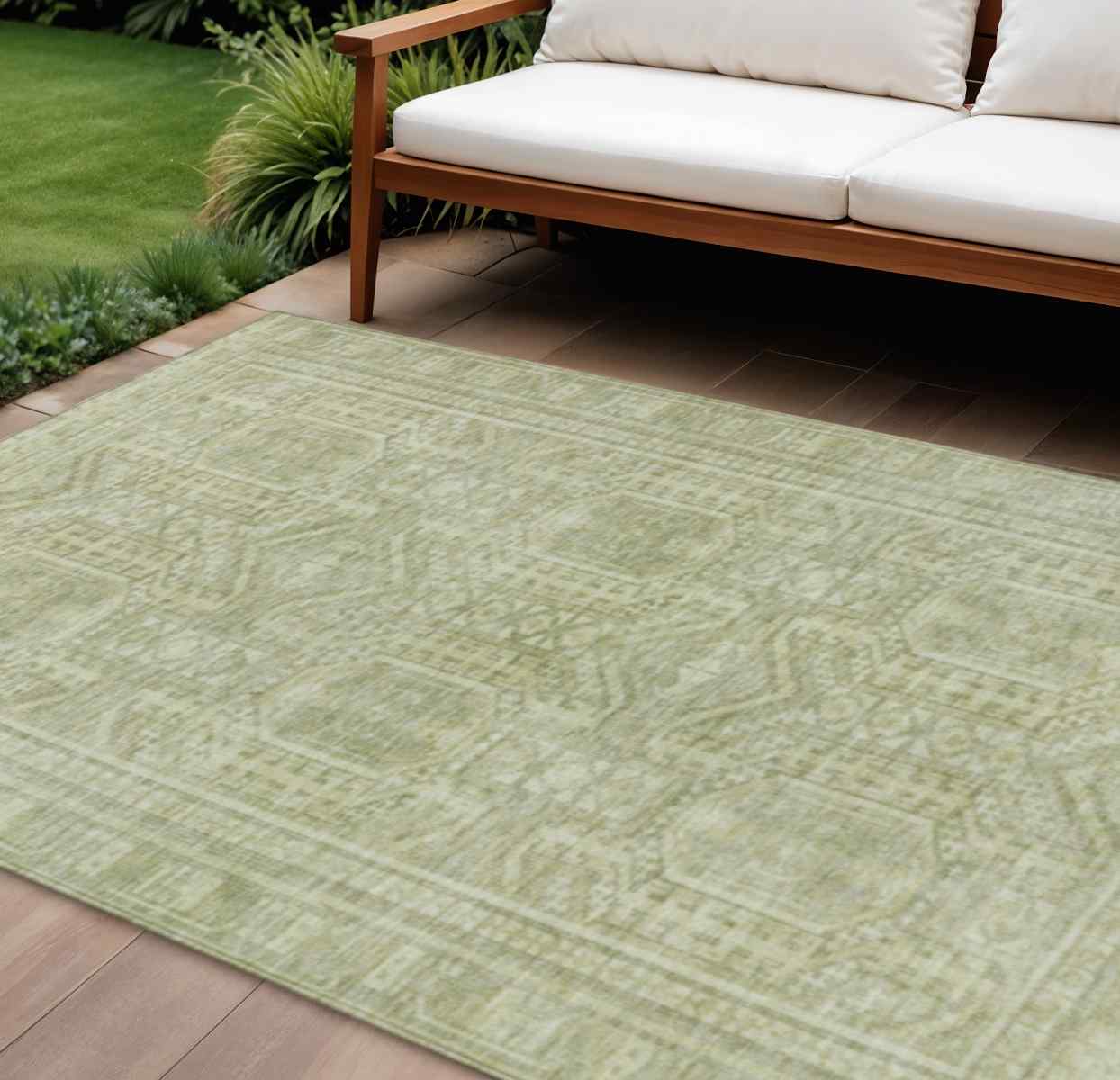 10' X 14' Sage And Ivory Geometric Washable Indoor Outdoor Area Rug - Sports & Outdoor