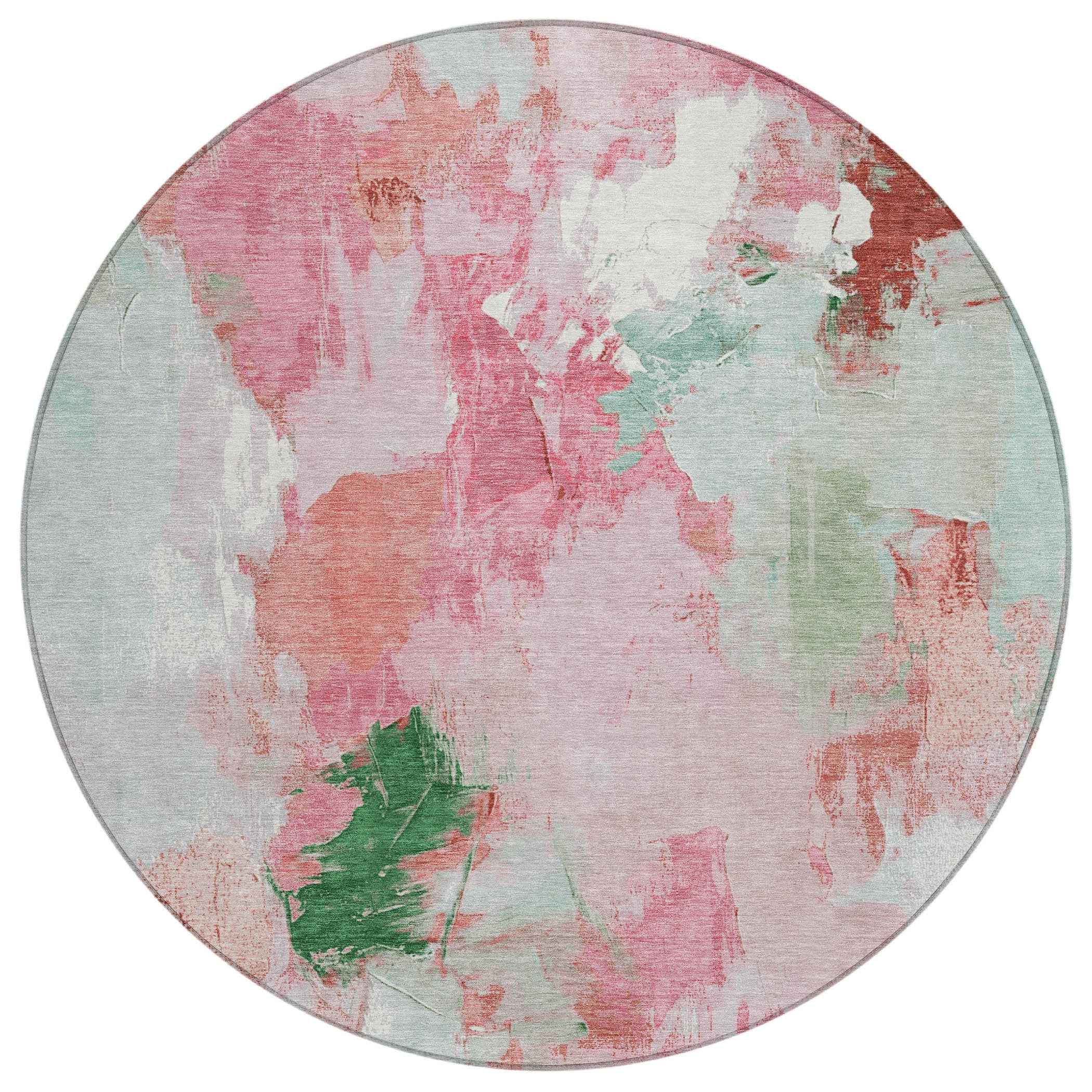 8' Blush And Green Round Abstract Washable Indoor Outdoor Area Rug