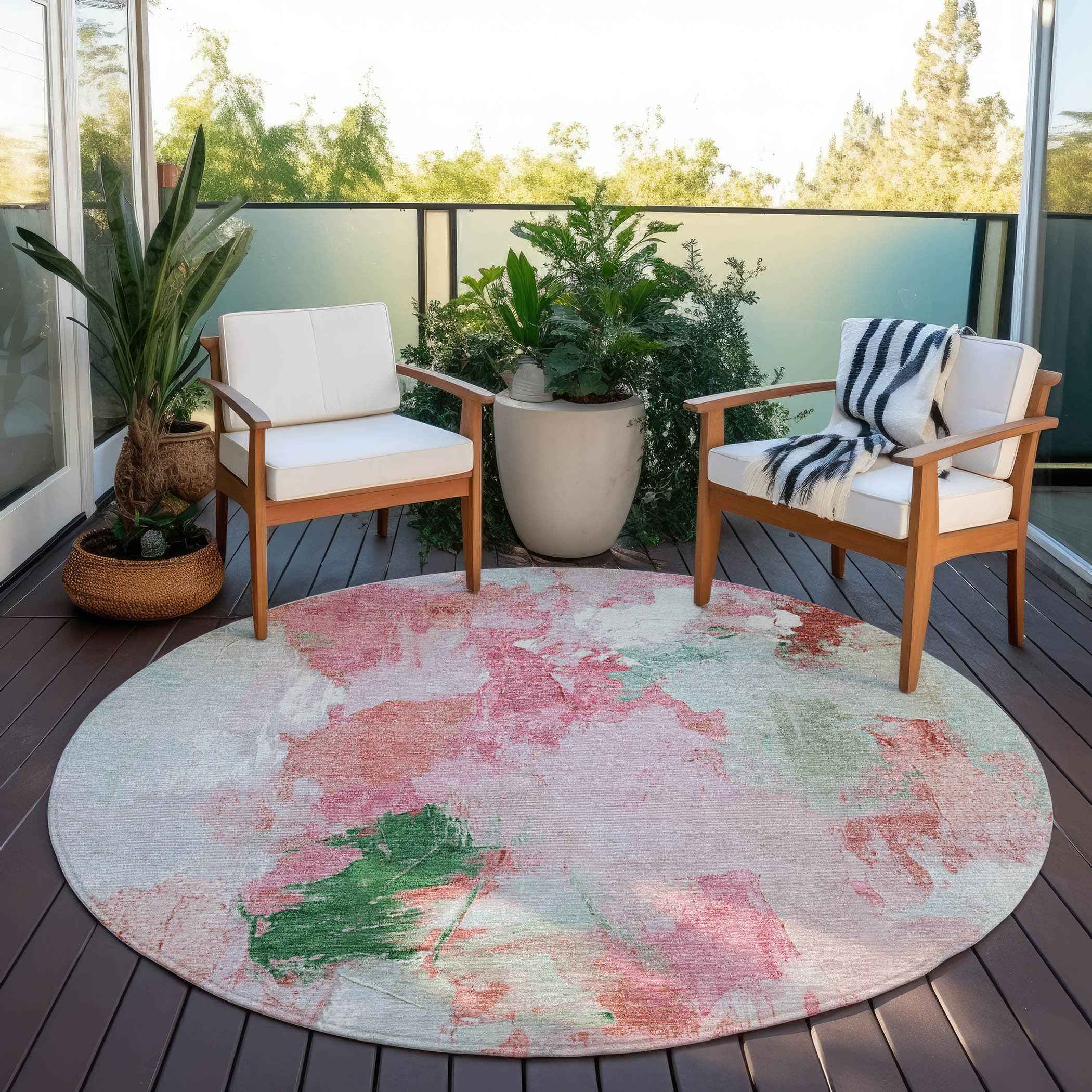 8' Blush And Green Round Abstract Washable Indoor Outdoor Area Rug