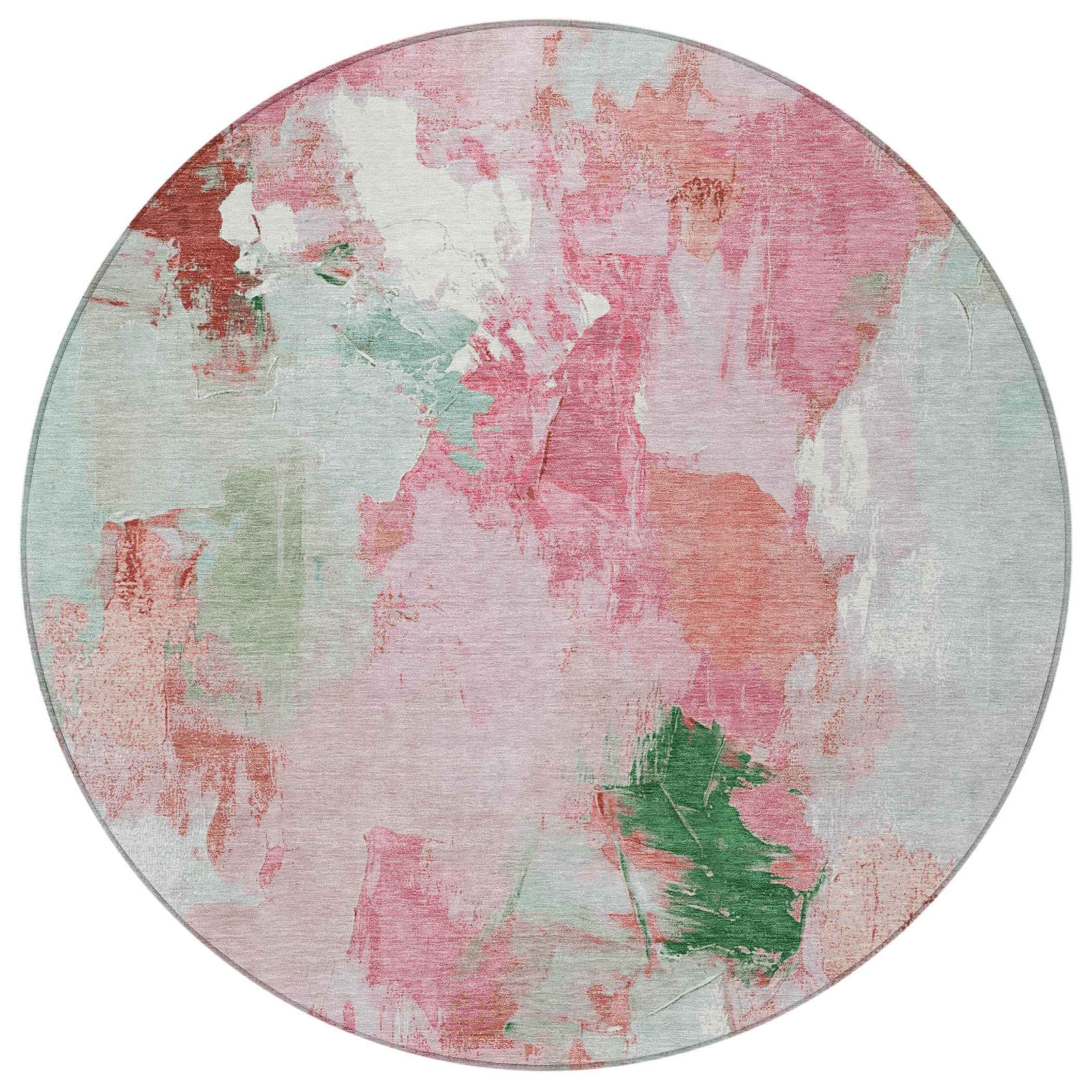 8' Blush And Green Round Abstract Washable Indoor Outdoor Area Rug