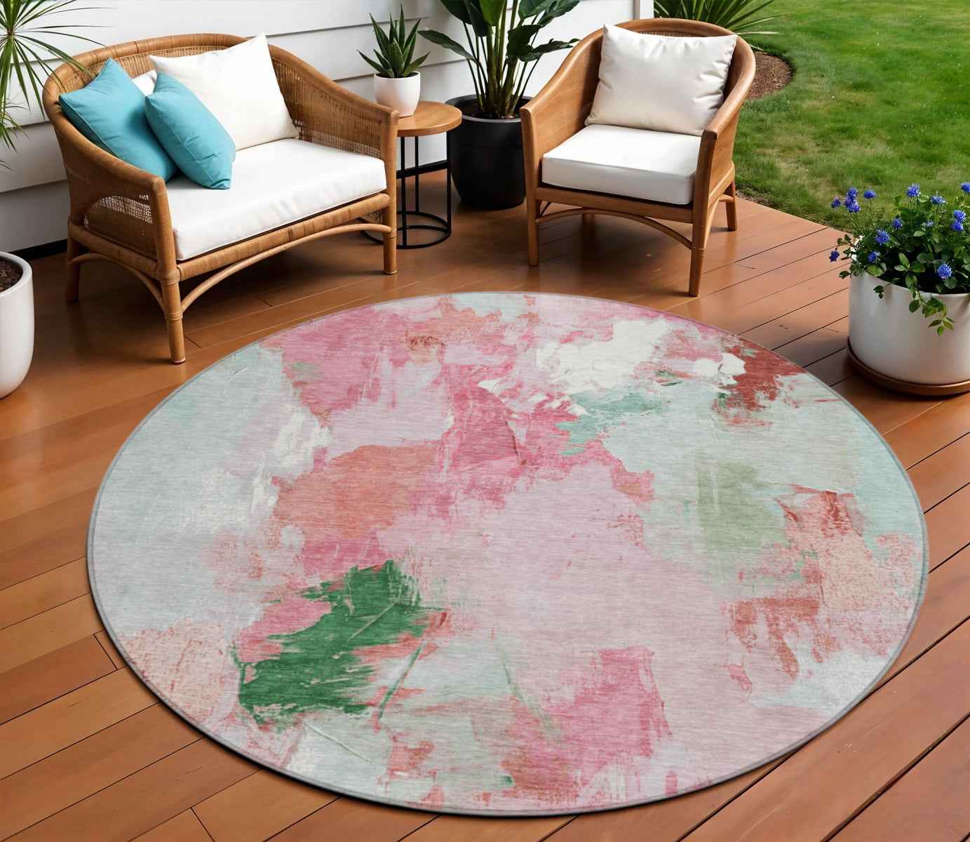 8' Blush And Green Round Abstract Washable Indoor Outdoor Area Rug