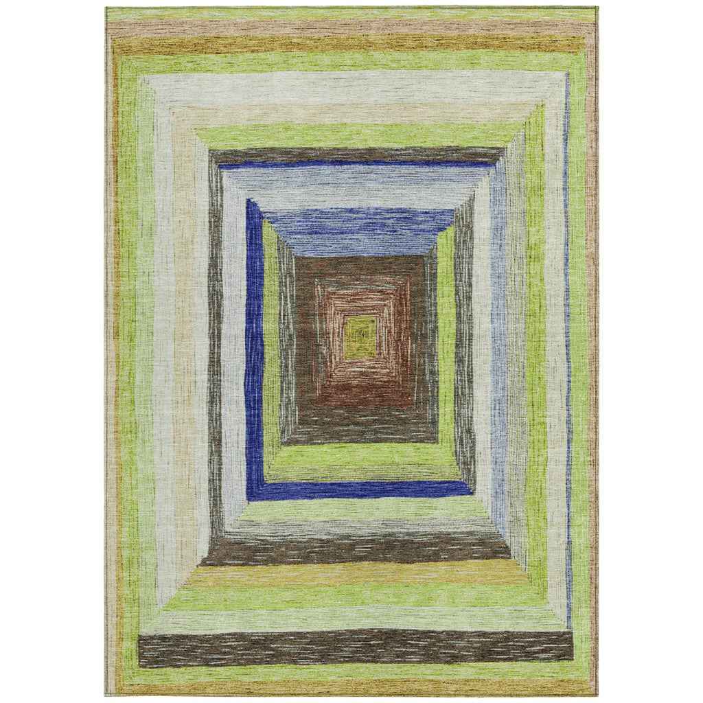 8' X 10' Lime Green Navy Blue And Brown Geometric Washable Indoor Outdoor Area Rug
