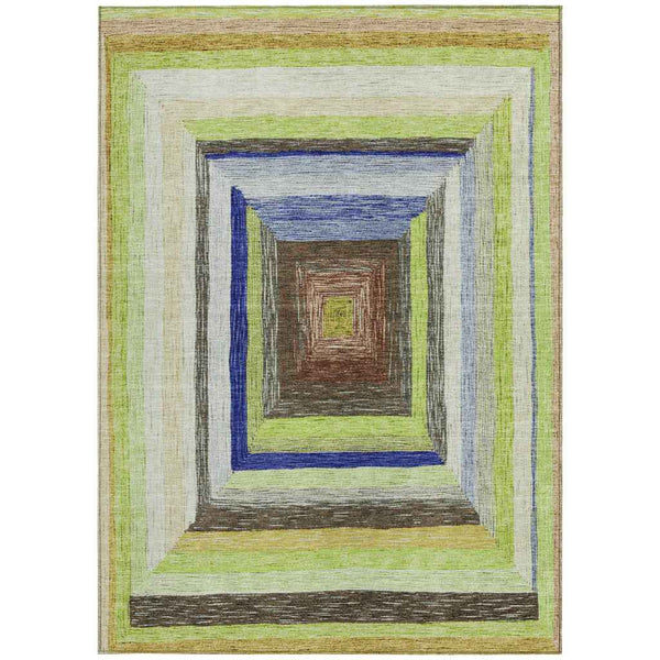 8' X 10' Lime Green Navy Blue And Brown Geometric Washable Indoor Outdoor Area Rug