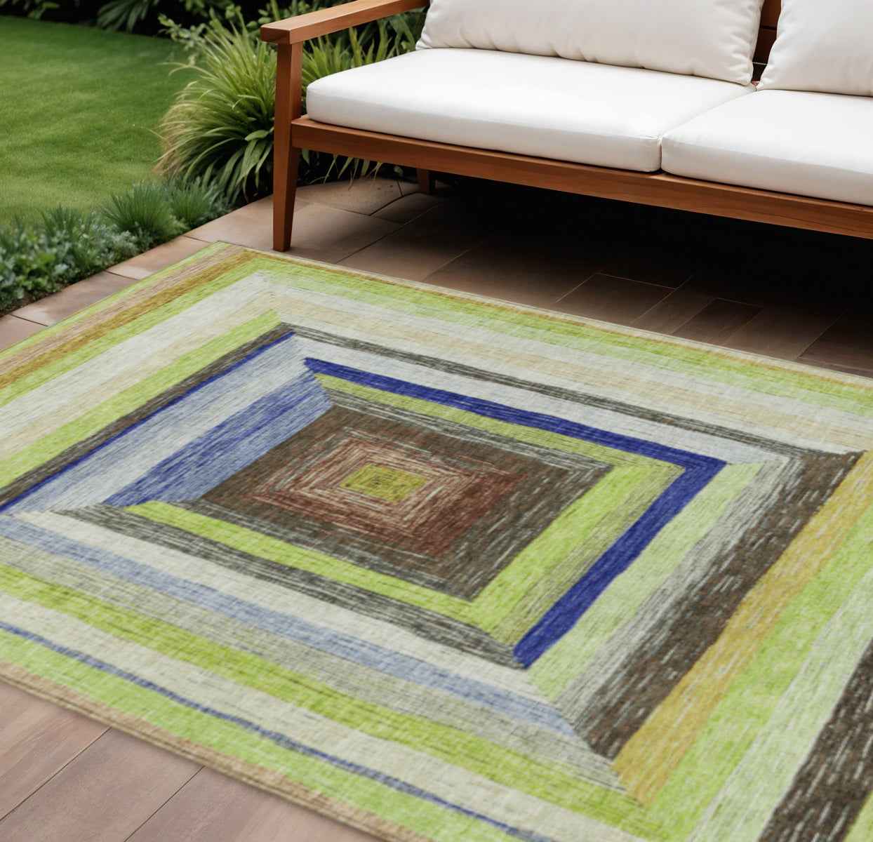 8' X 10' Lime Green Navy Blue And Brown Geometric Washable Indoor Outdoor Area Rug
