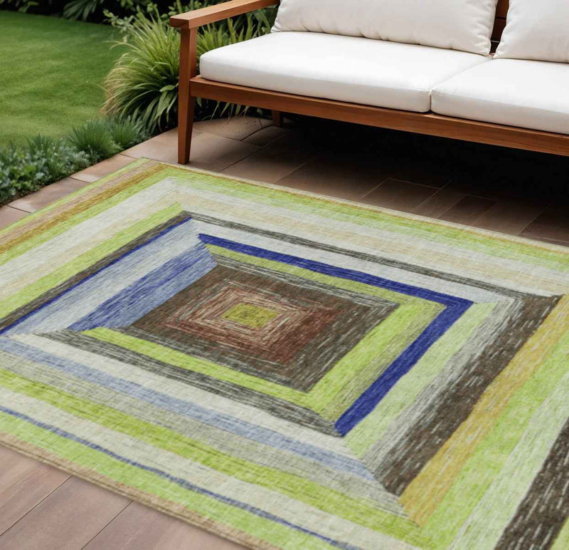 8' X 10' Lime Green Navy Blue And Brown Geometric Washable Indoor Outdoor Area Rug