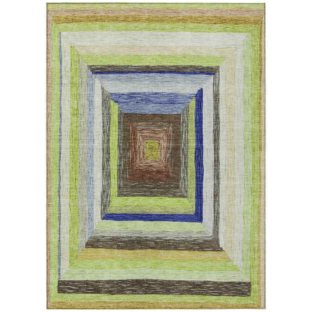 8' X 10' Lime Green Navy Blue And Brown Geometric Washable Indoor Outdoor Area Rug