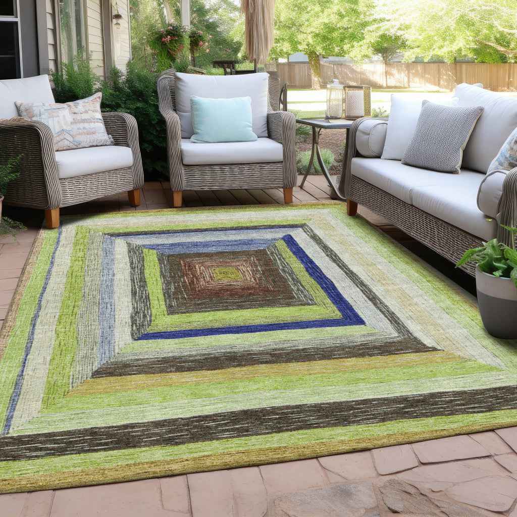 8' X 10' Lime Green Navy Blue And Brown Geometric Washable Indoor Outdoor Area Rug