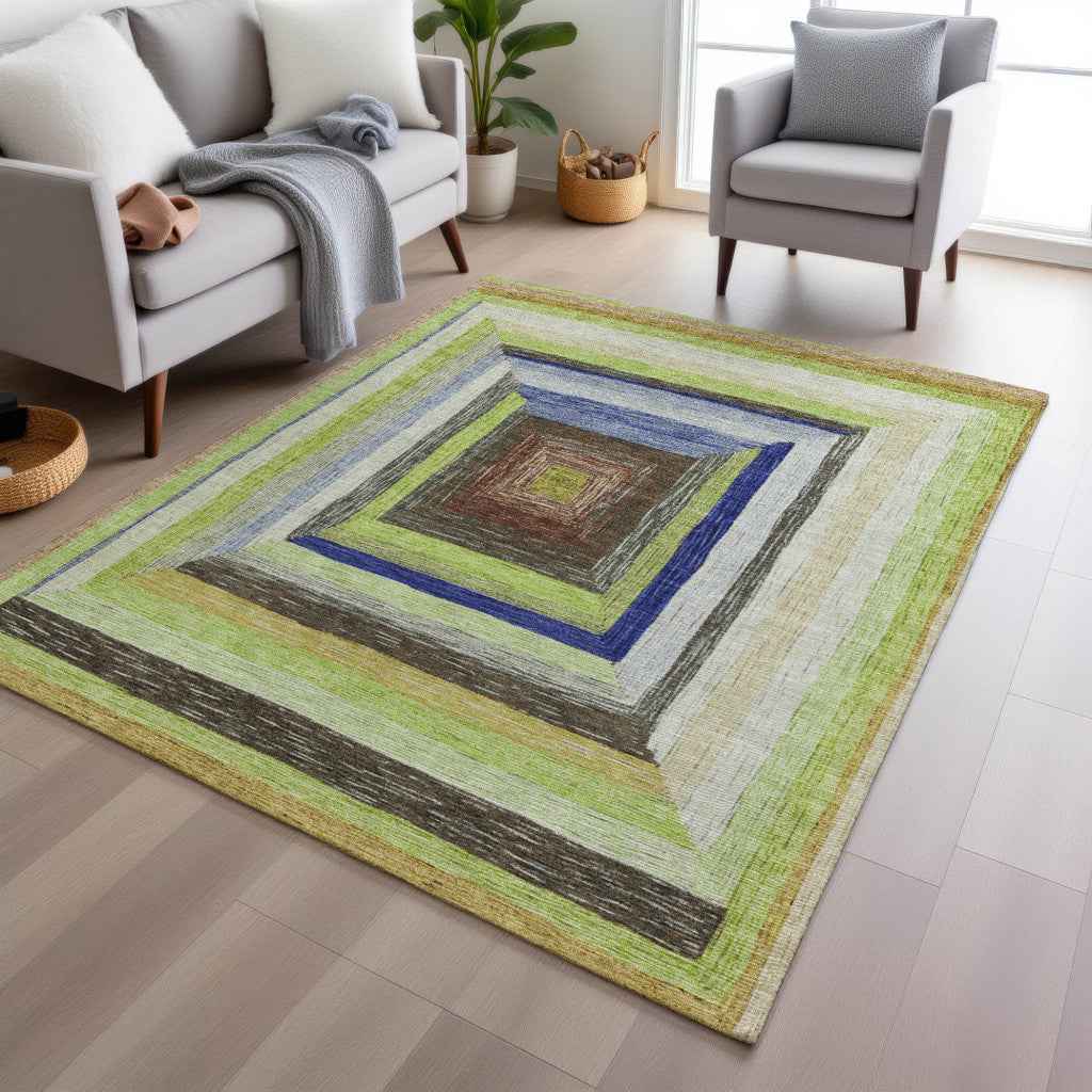 8' X 10' Lime Green Navy Blue And Brown Geometric Washable Indoor Outdoor Area Rug