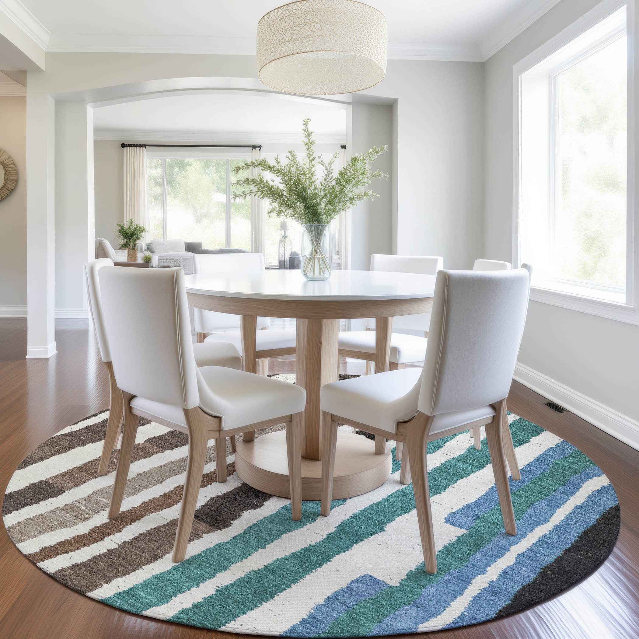 8' Brown Teal Blue And Ivory Round Striped Washable Indoor Outdoor Area Rug