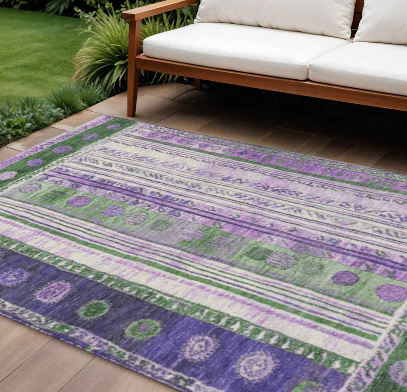 8' X 10' Green And Purple Striped Washable Indoor Outdoor Area Rug