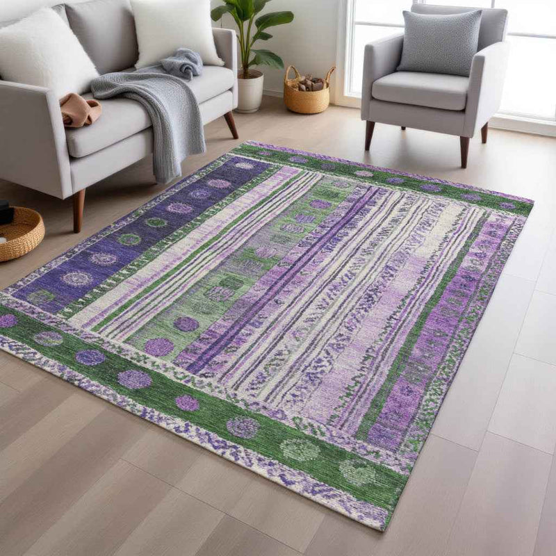 8' X 10' Green And Purple Striped Washable Indoor Outdoor Area Rug