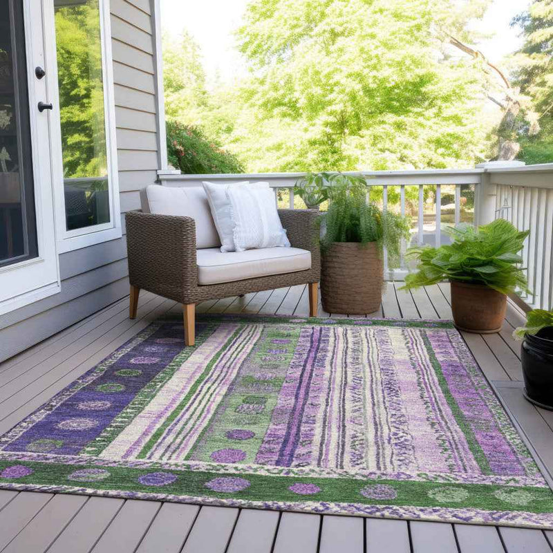 8' X 10' Green And Purple Striped Washable Indoor Outdoor Area Rug