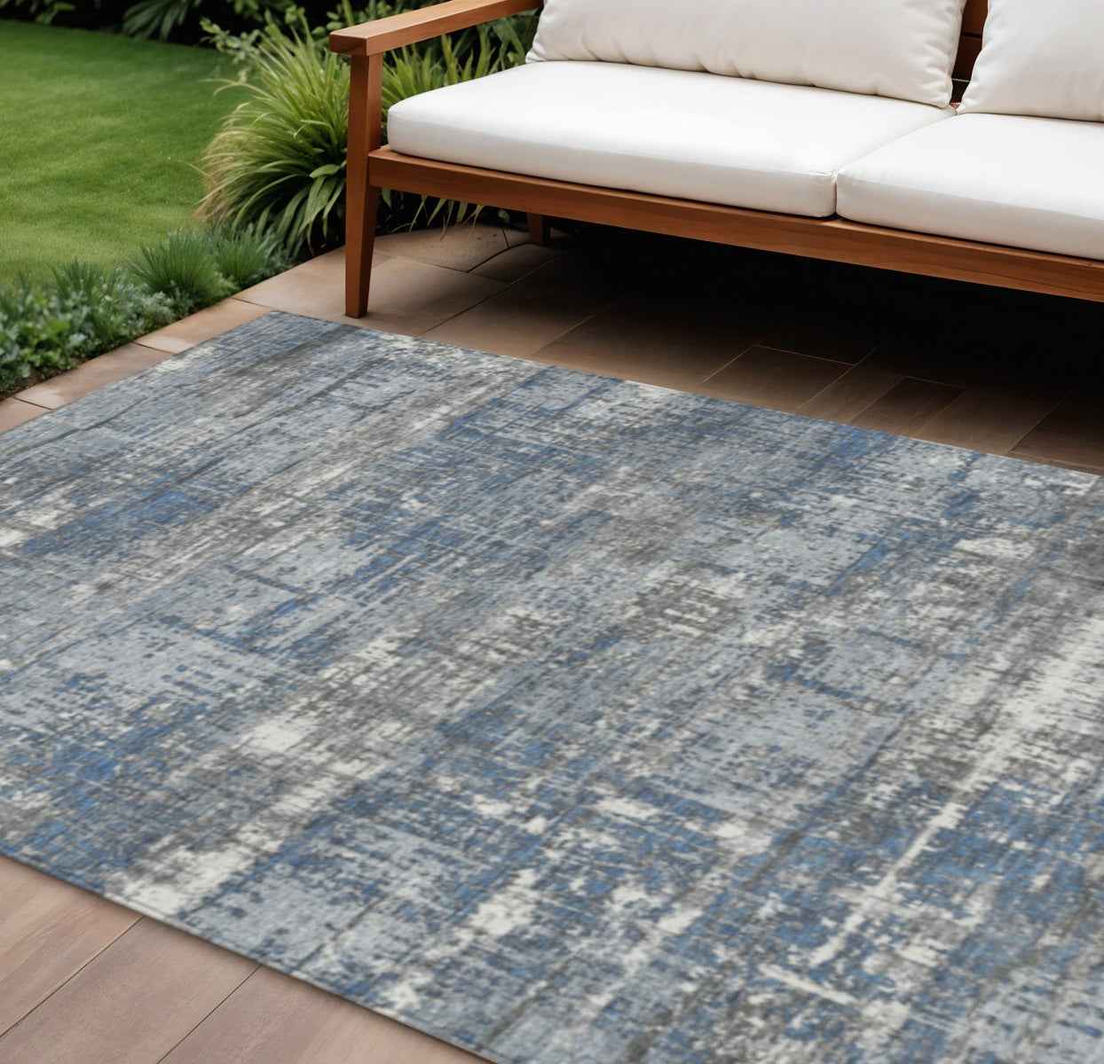 10' X 14' Denim Blue And Gray Geometric Washable Indoor Outdoor Area Rug