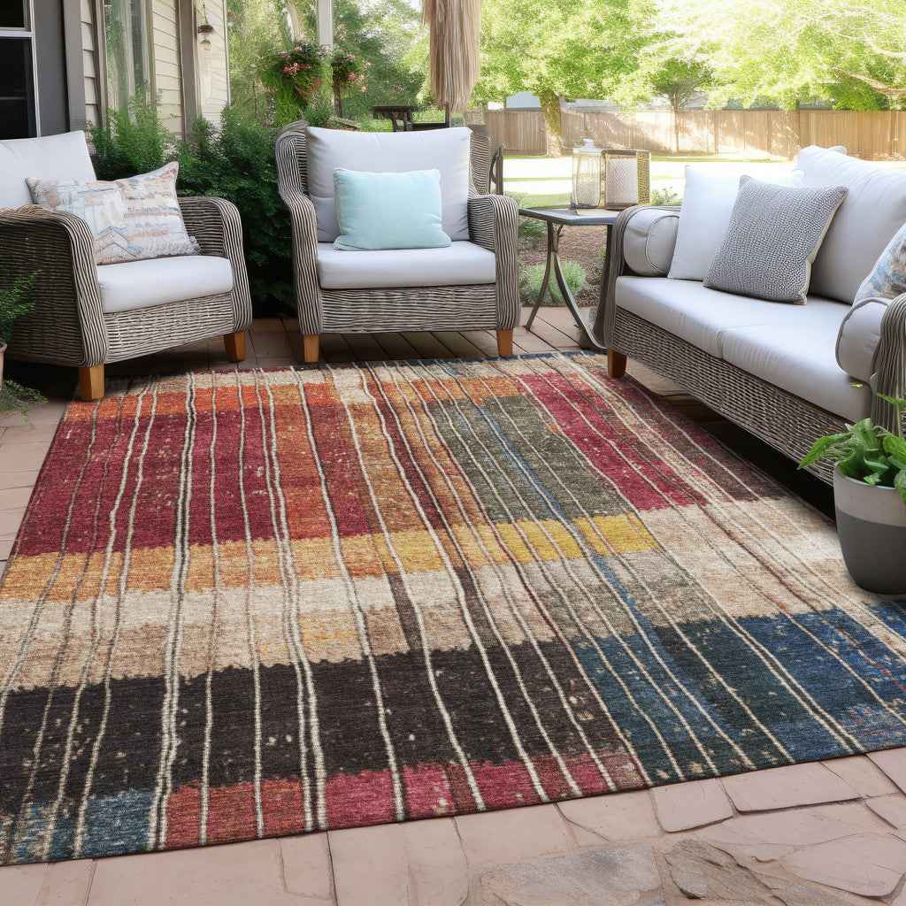 3' X 5' Beige Red And Yellow Striped Washable Indoor Outdoor Area Rug