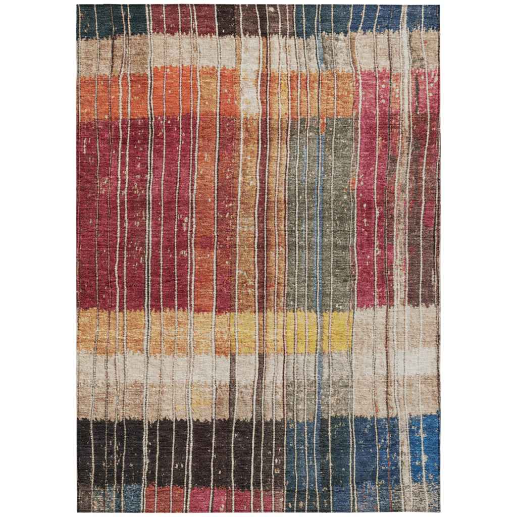 3' X 5' Beige Red And Yellow Striped Washable Indoor Outdoor Area Rug