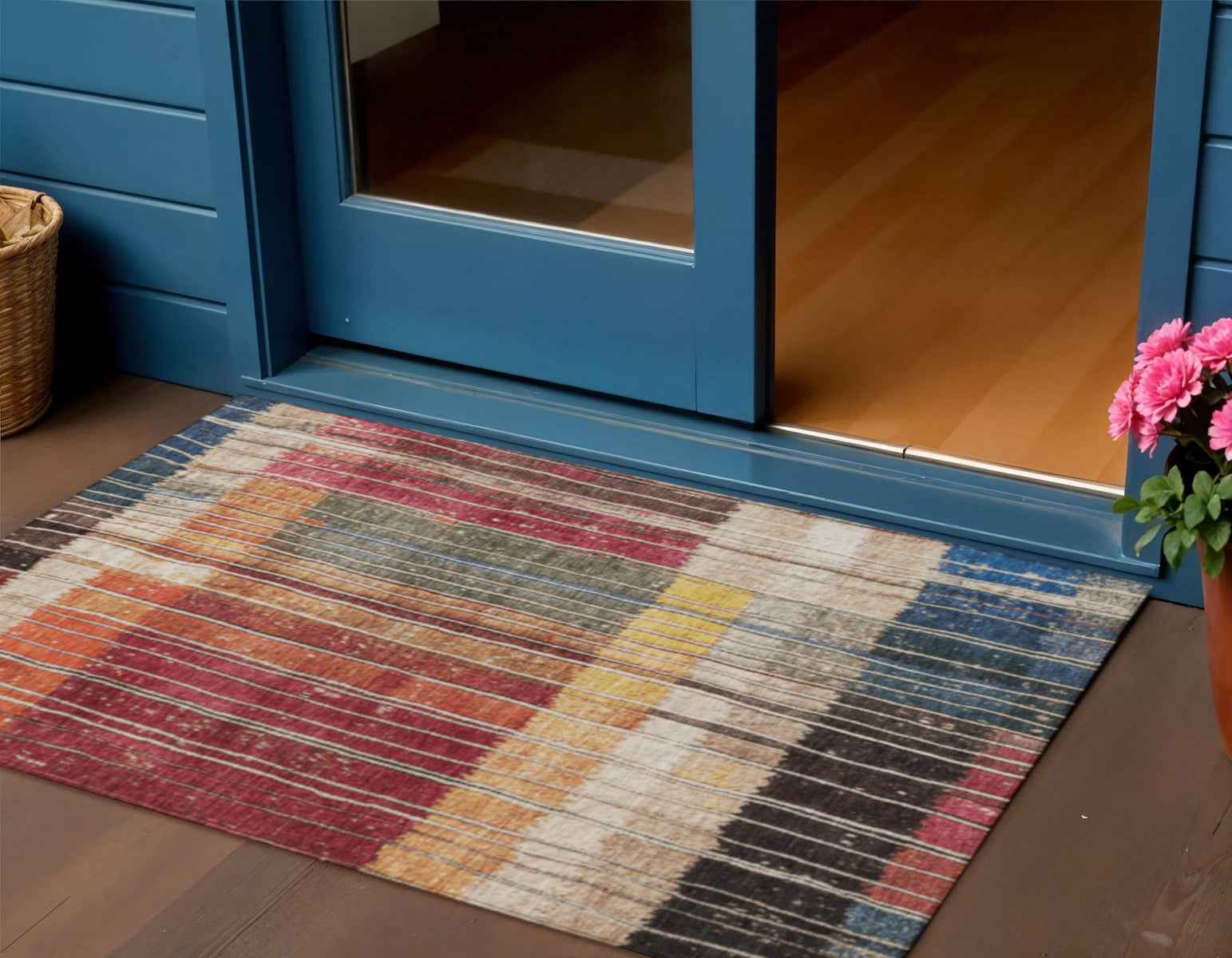 3' X 5' Beige Red And Yellow Striped Washable Indoor Outdoor Area Rug