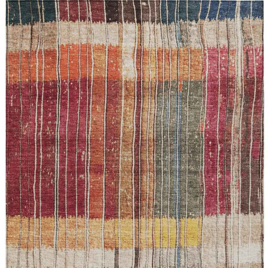 3' X 5' Beige Red And Yellow Striped Washable Indoor Outdoor Area Rug