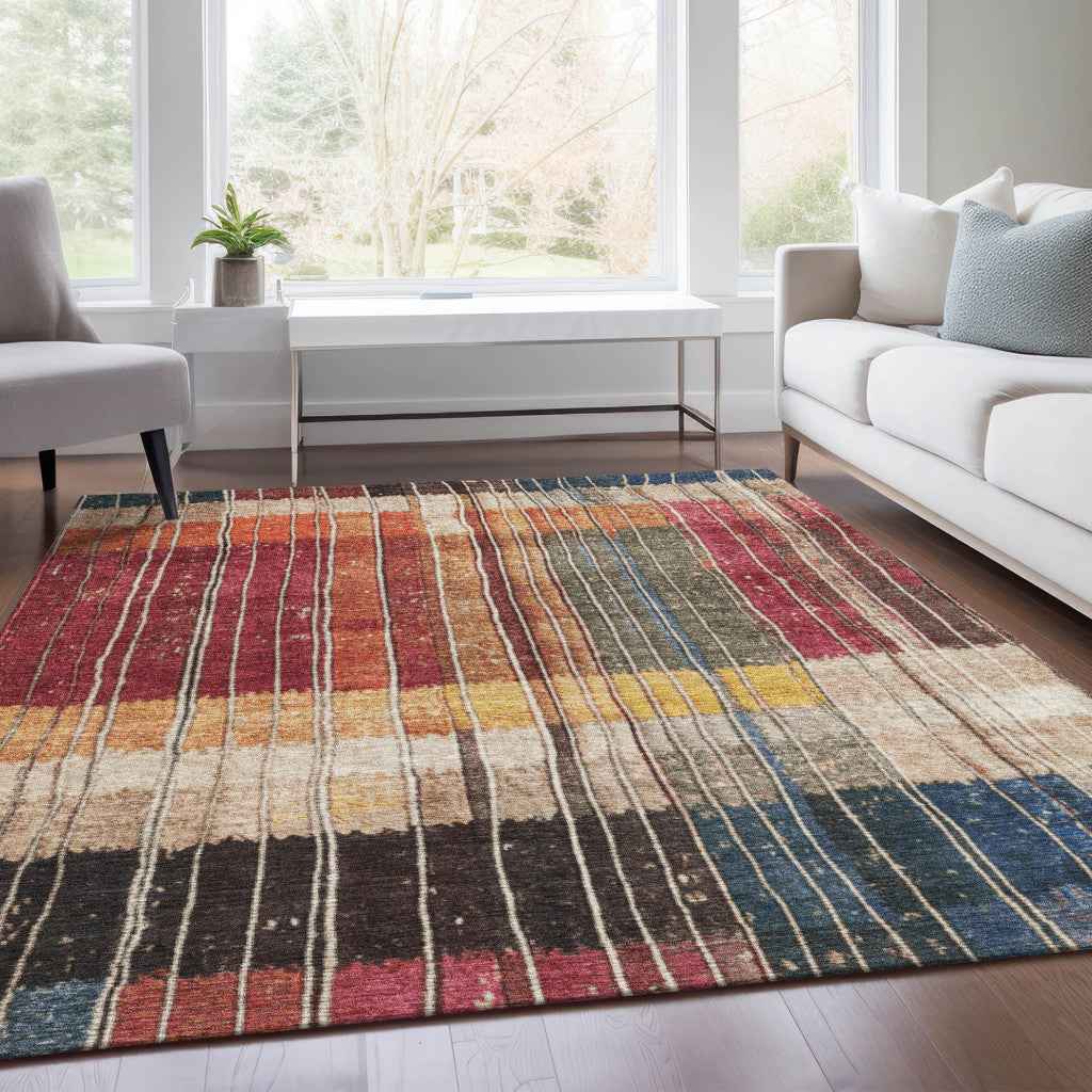 3' X 5' Beige Red And Yellow Striped Washable Indoor Outdoor Area Rug