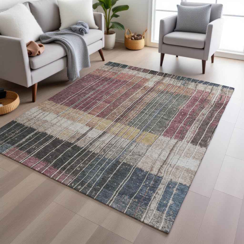 8' X 10' Mauve Blue And Gold Striped Washable Indoor Outdoor Area Rug