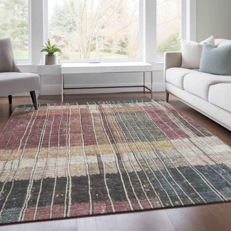 8' X 10' Mauve Blue And Gold Striped Washable Indoor Outdoor Area Rug