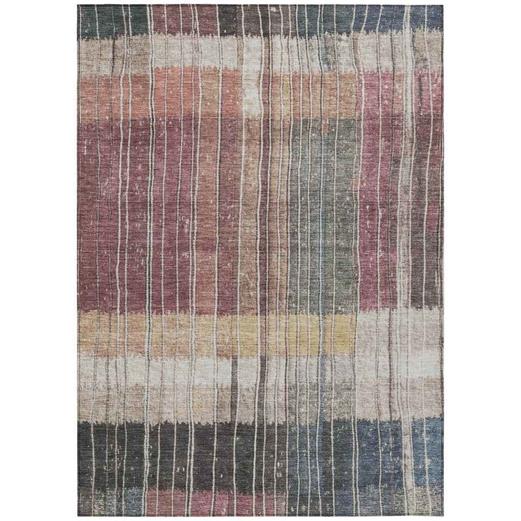 8' X 10' Mauve Blue And Gold Striped Washable Indoor Outdoor Area Rug