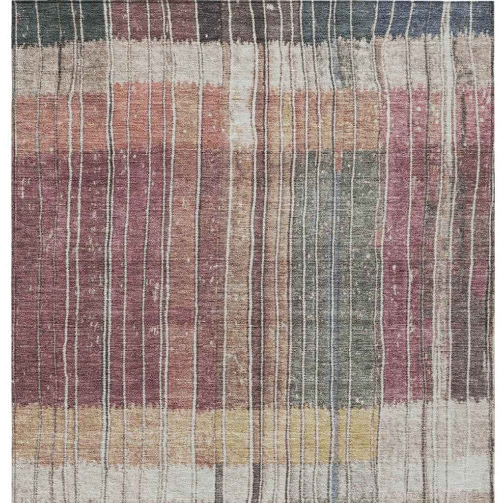 8' X 10' Mauve Blue And Gold Striped Washable Indoor Outdoor Area Rug