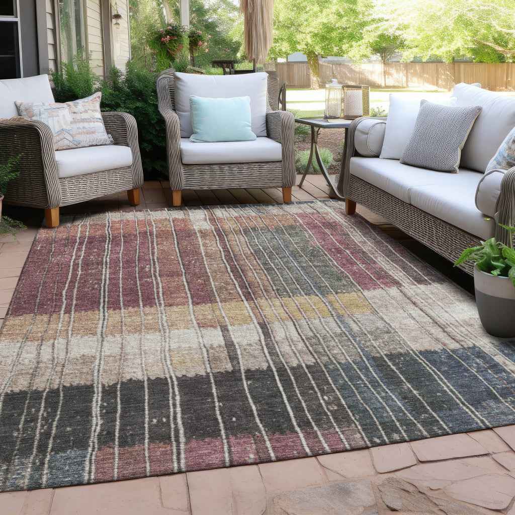 8' X 10' Mauve Blue And Gold Striped Washable Indoor Outdoor Area Rug