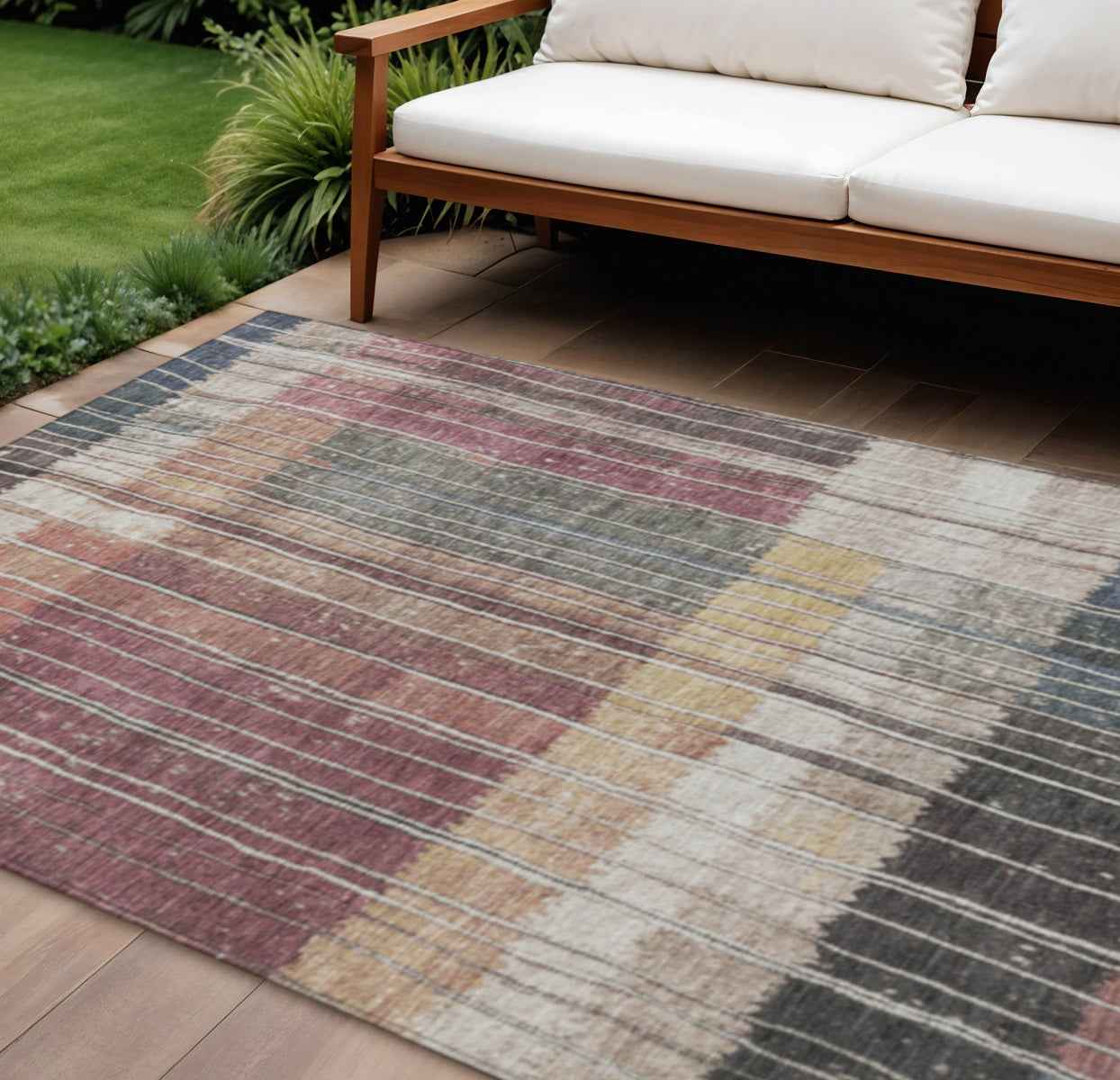 8' X 10' Mauve Blue And Gold Striped Washable Indoor Outdoor Area Rug