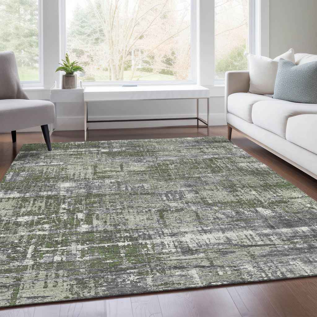 9' X 12' Olive Green And Ivory Geometric Washable Indoor Outdoor Area Rug