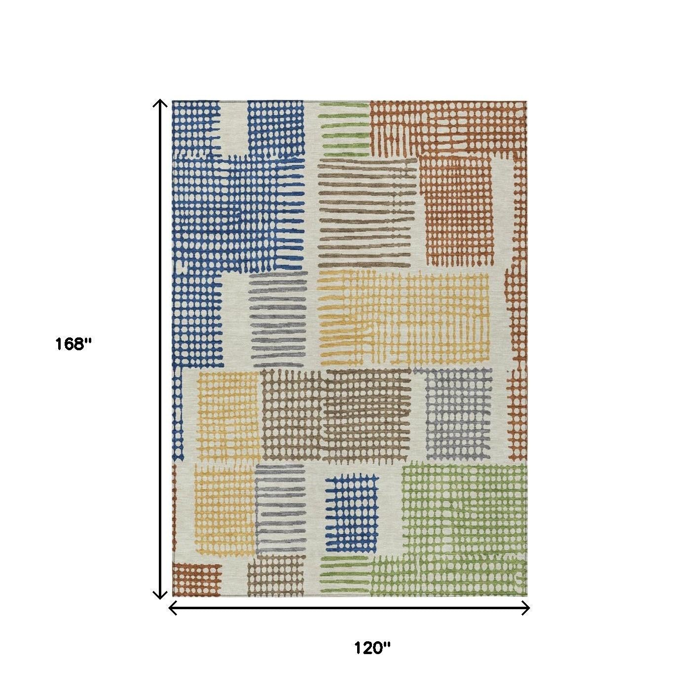 10' X 14' Beige Gold And Blue Geometric Washable Indoor Outdoor Area Rug - Sports & Outdoor